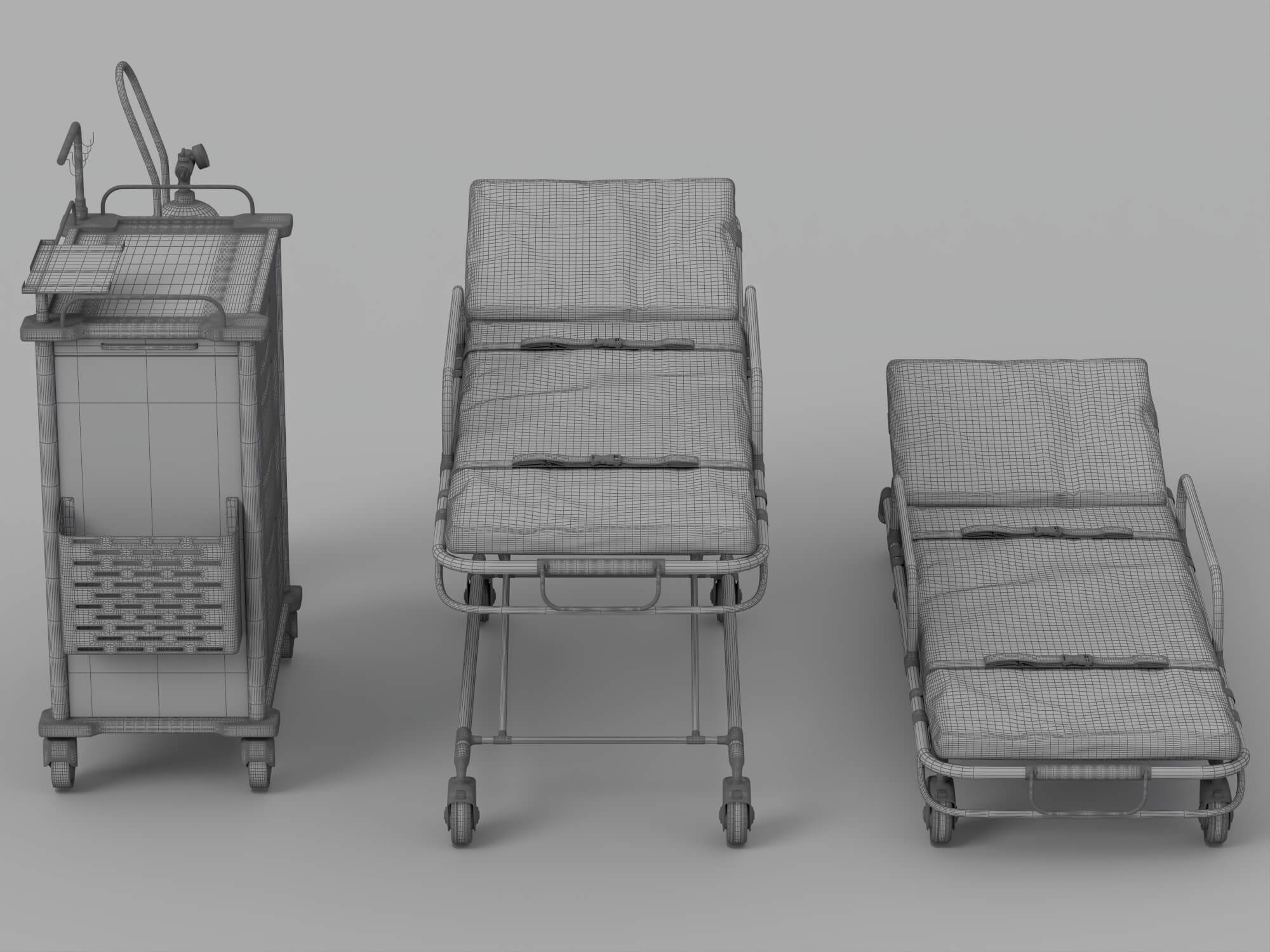 Medical Emergency Stretchers Cart And Oxygen Tank Set 3D Model