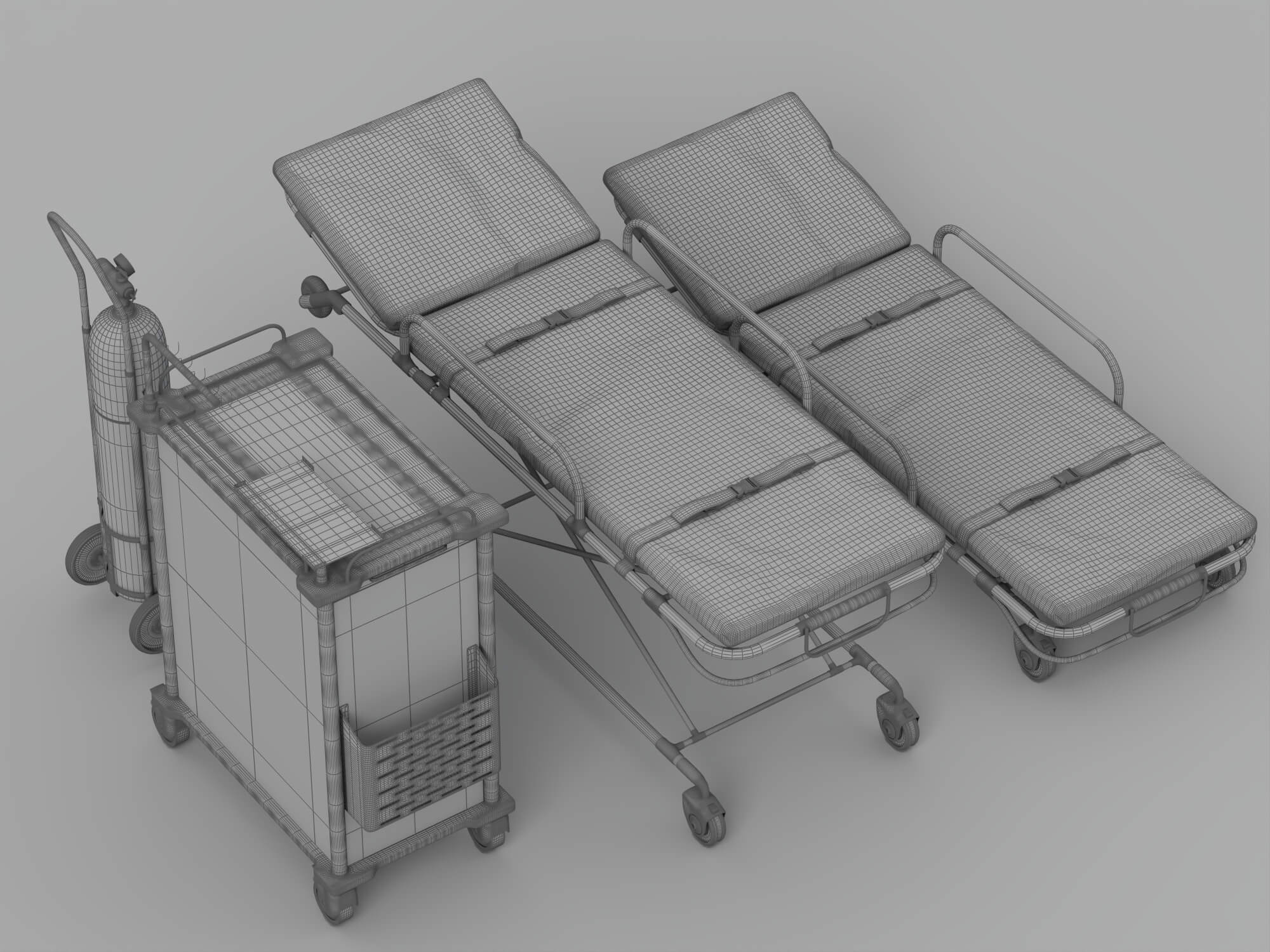 Medical Emergency Stretchers Cart And Oxygen Tank Set 3D Model
