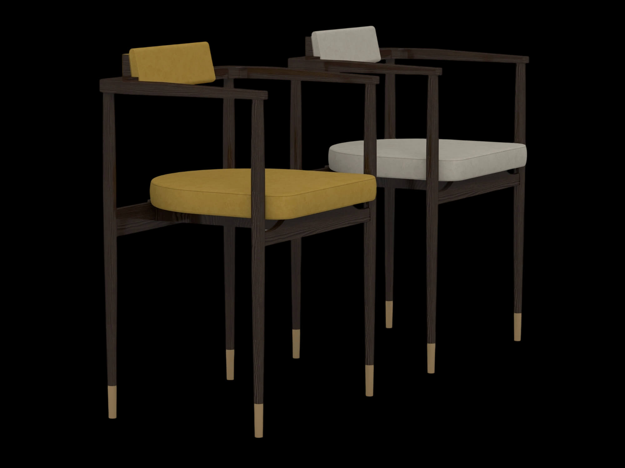 Modern Wooden Armchair Set with Cream and Yellow Cushions 3D Model