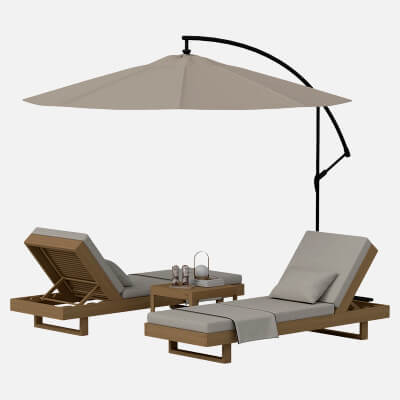 Outdoor Lounge Set: 2 Chaise Lounges, Side Table, Cantilever