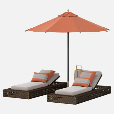 Outdoor Wicker Chaise Lounge Set with Orange Umbrella