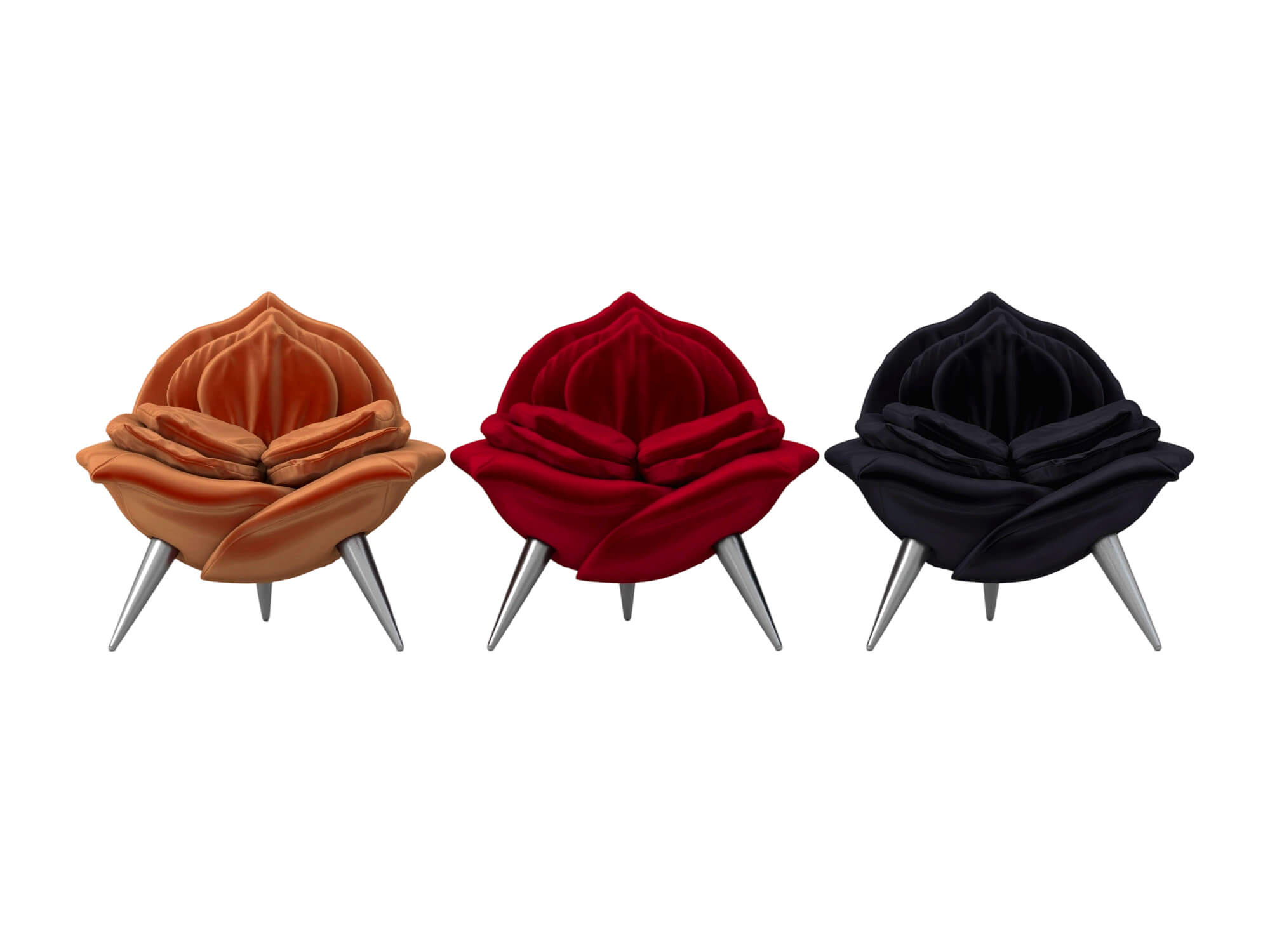 Rose Shaped Fabric Armchair Set with Metal Legs 3D Model