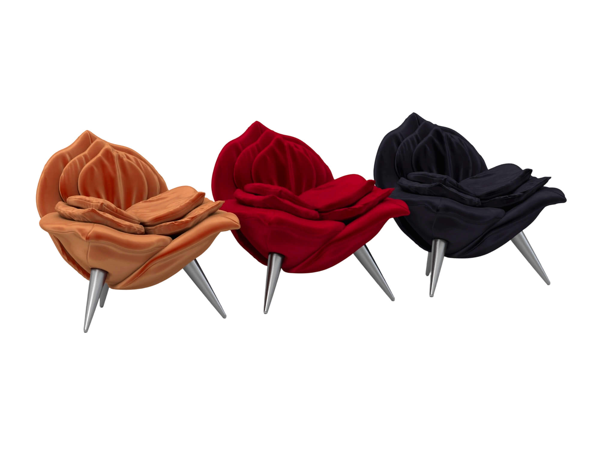 Rose Shaped Fabric Armchair Set with Metal Legs 3D Model