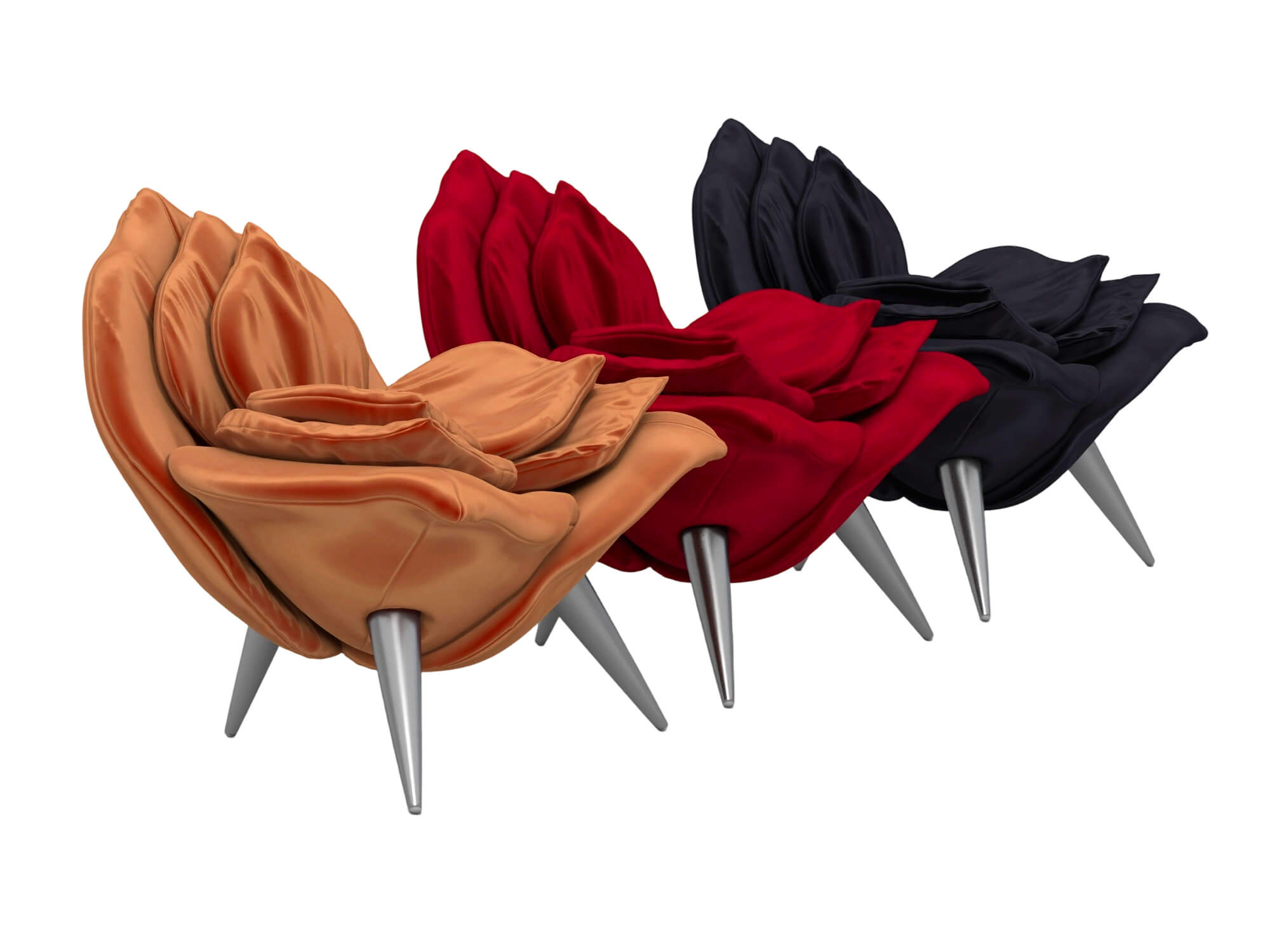 Rose Shaped Fabric Armchair Set with Metal Legs 3D Model