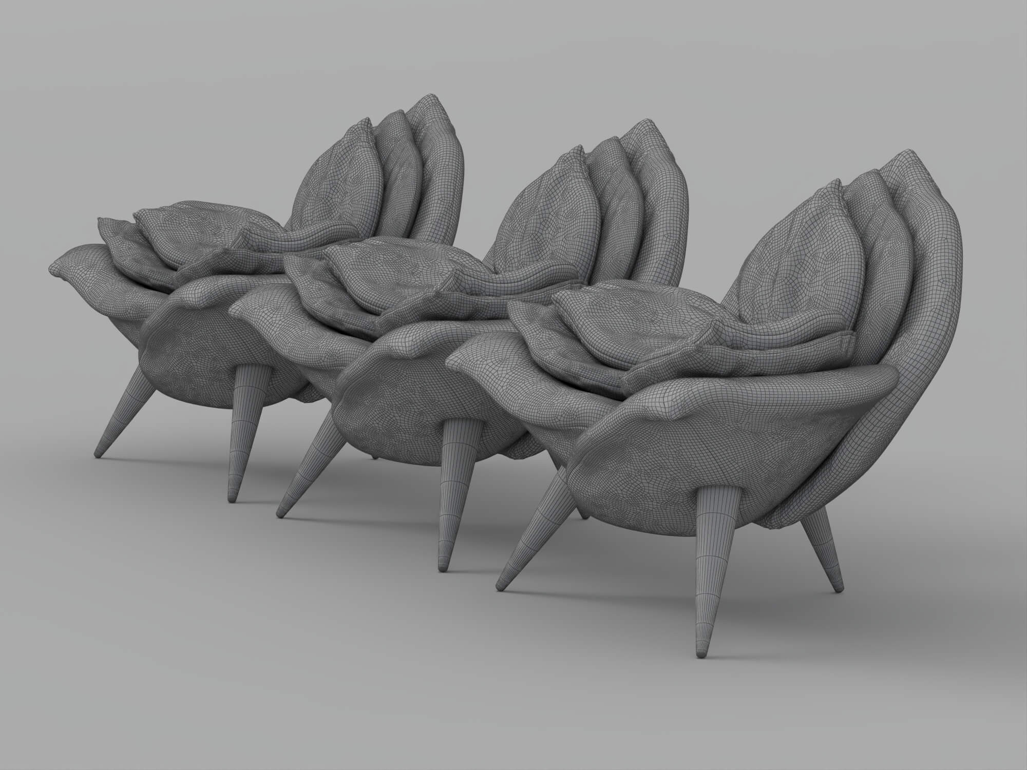 Rose Shaped Fabric Armchair Set with Metal Legs 3D Model