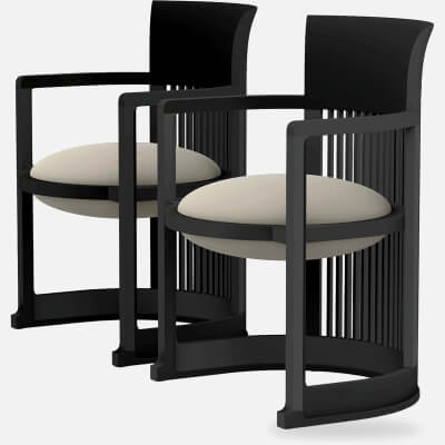 Two Black Framed Barrel Armchairs with Beige Cushions