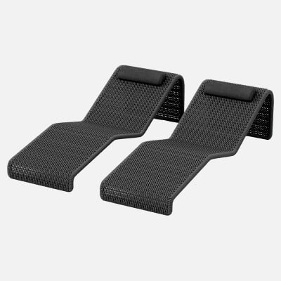 Two Dark Woven Outdoor Chaise Lounges with Headrests