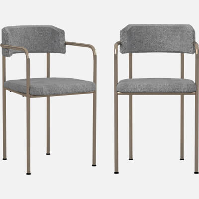 Two Gray Fabric Dining Chairs with Bronze Metal Frames