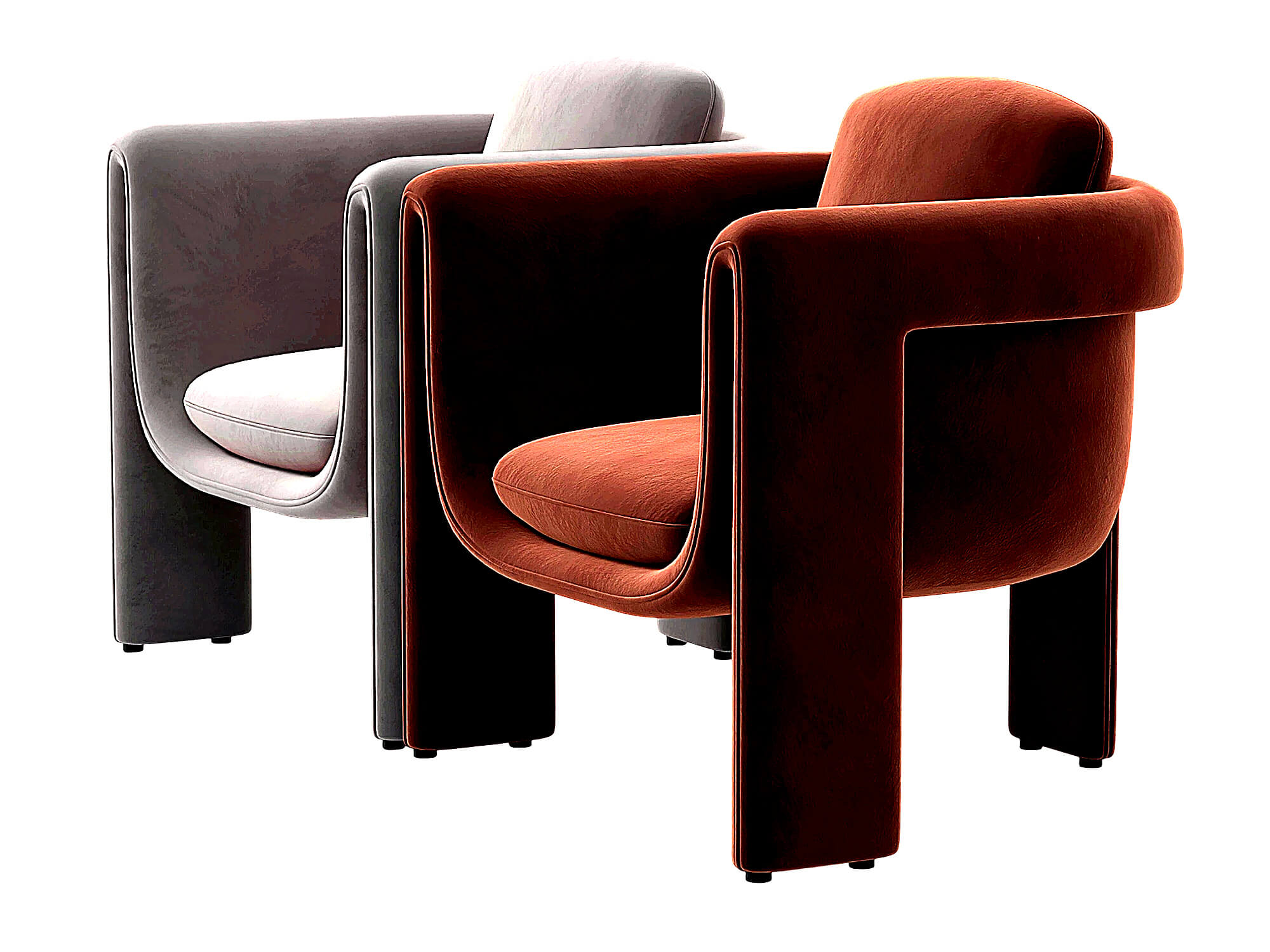 Two Modern Upholstered Armchairs Rust and Gray Velvet 3D Model