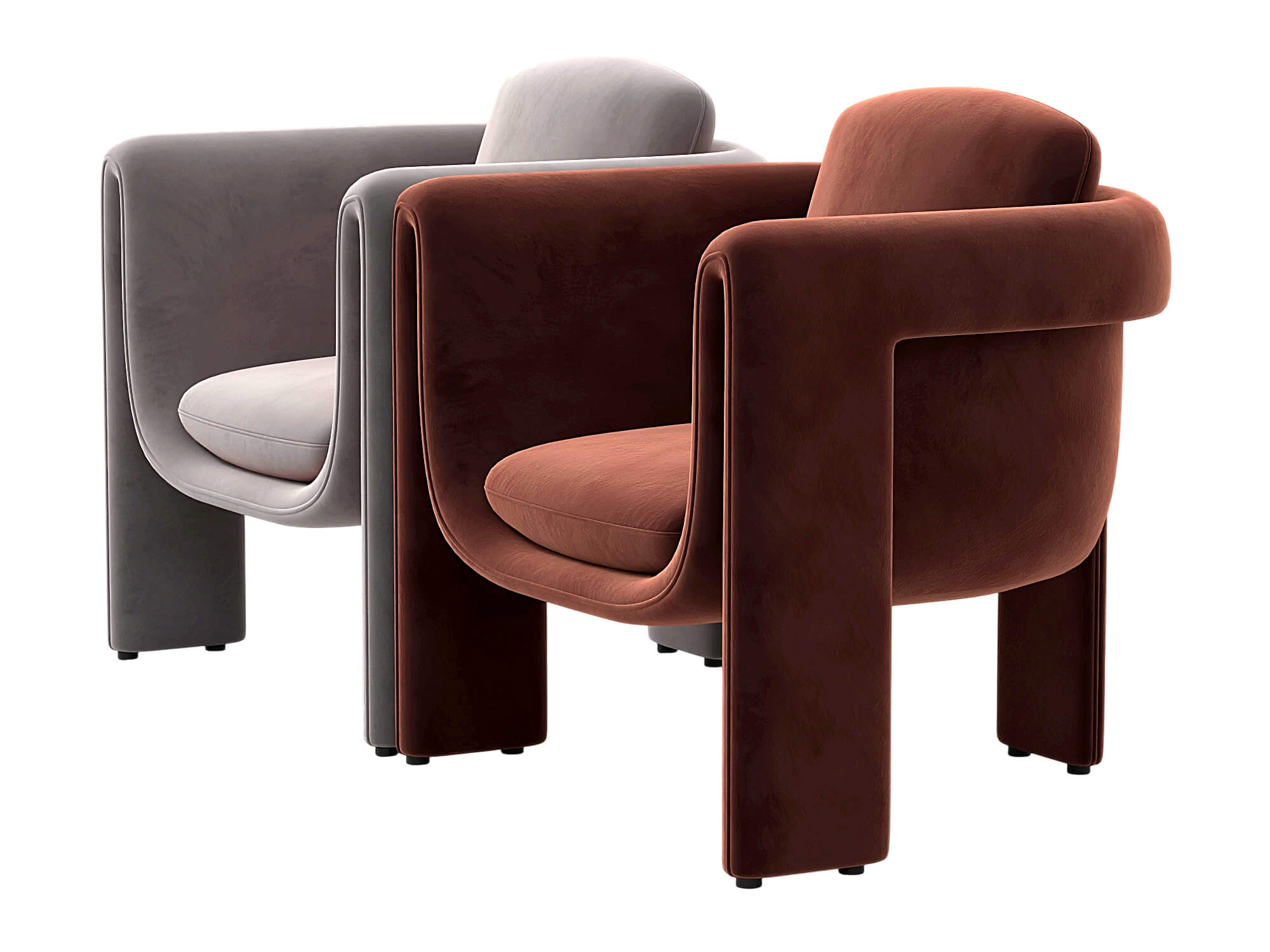 Two Modern Upholstered Armchairs Rust and Gray Velvet 3D Model