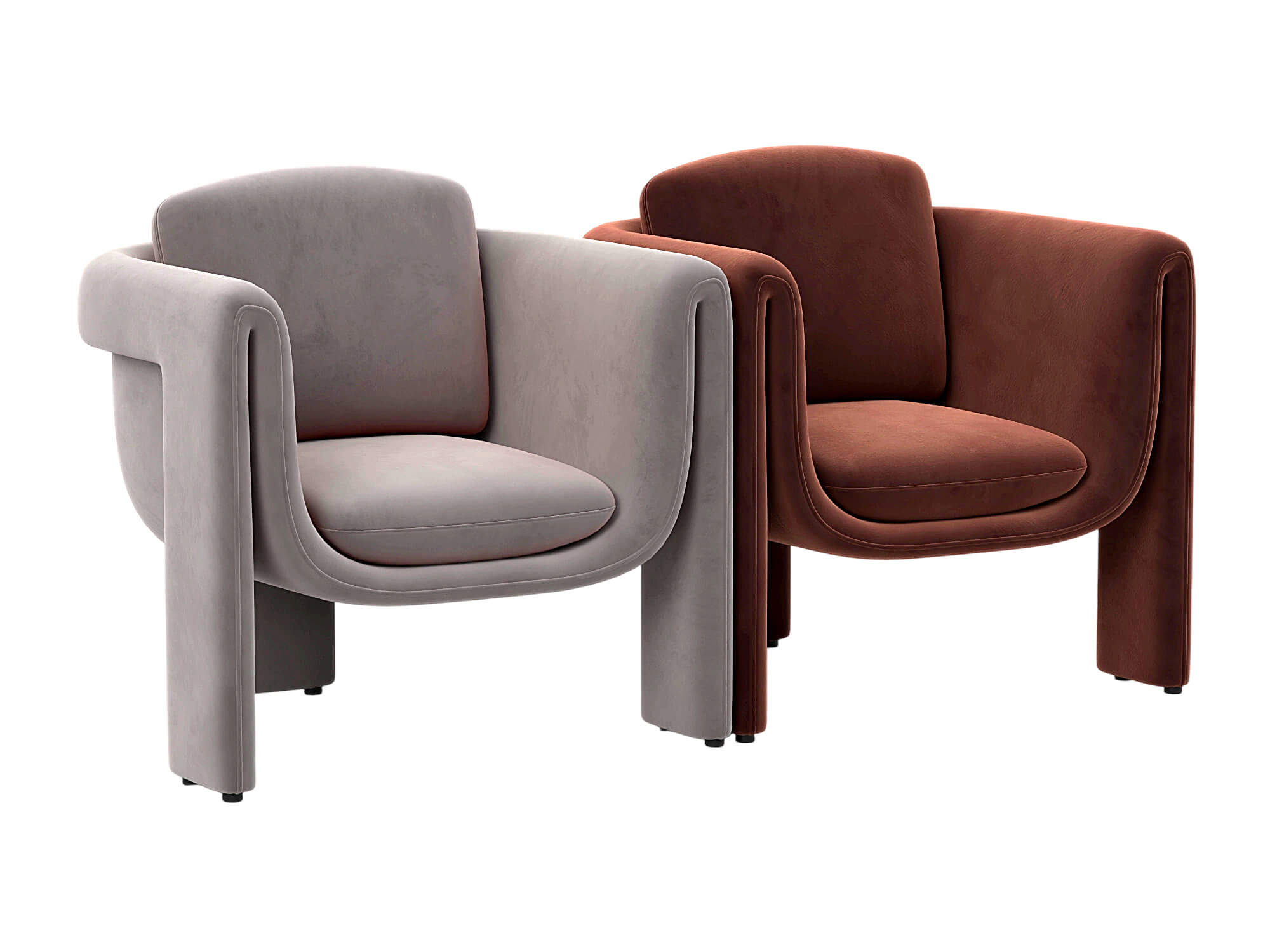 Two Modern Upholstered Armchairs Rust and Gray Velvet 3D Model
