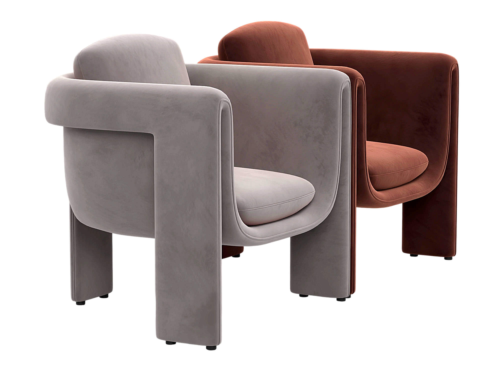 Two Modern Upholstered Armchairs Rust and Gray Velvet 3D Model