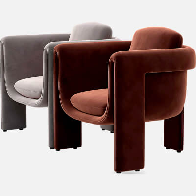 Two Modern Upholstered Armchairs Rust and Gray Velvet