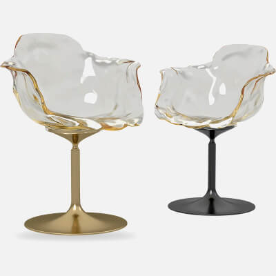 Two Sculptural Transparent Shell Chairs gold black Bases