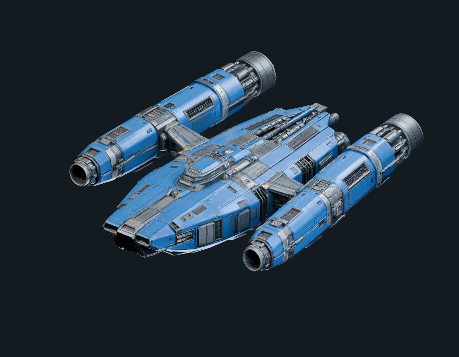 Blue Twin-Nacelle Starship - Animated Lights & 3 LODs 3D Model