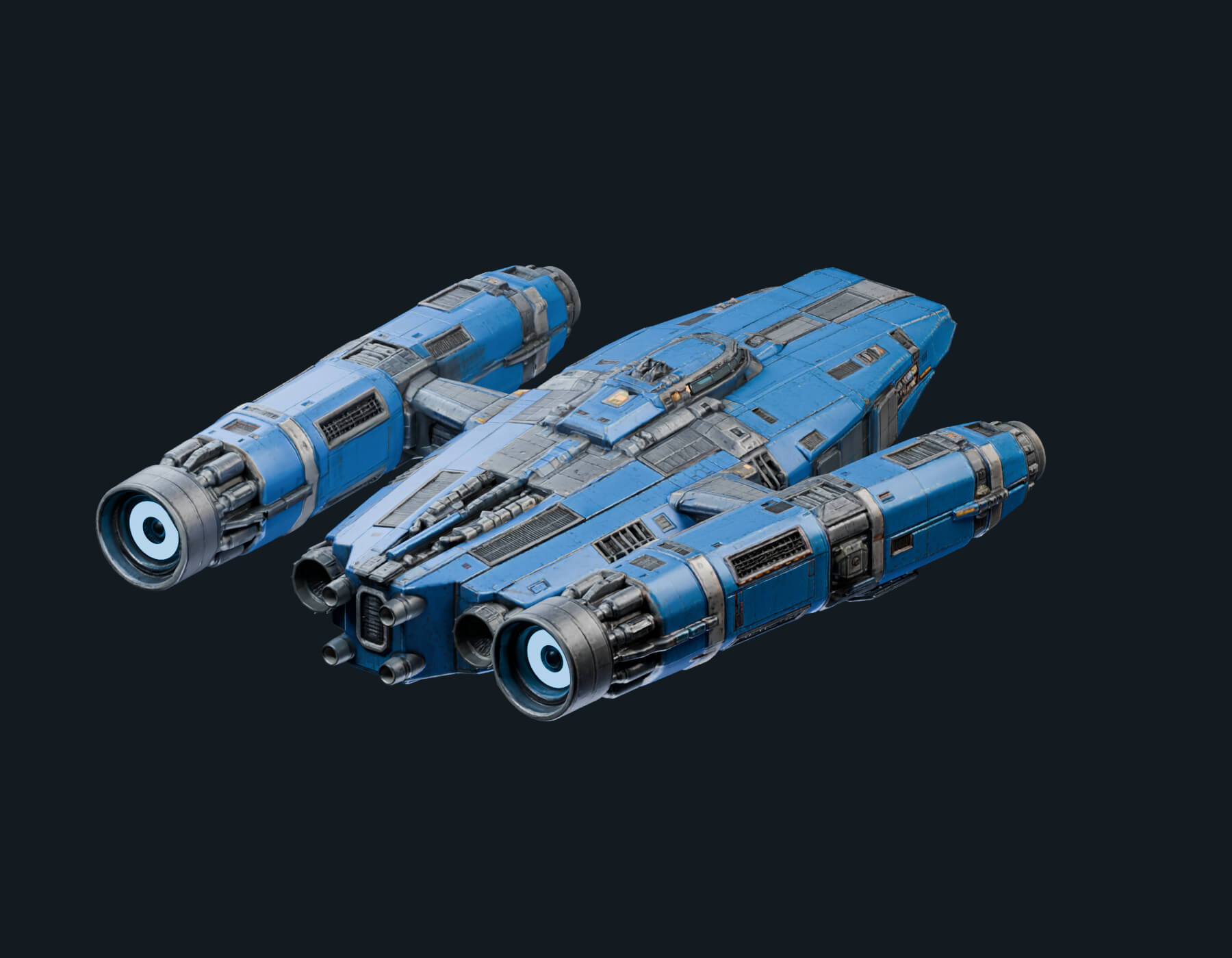 Blue Twin-Nacelle Starship - Animated Lights & 3 LODs 3D Model