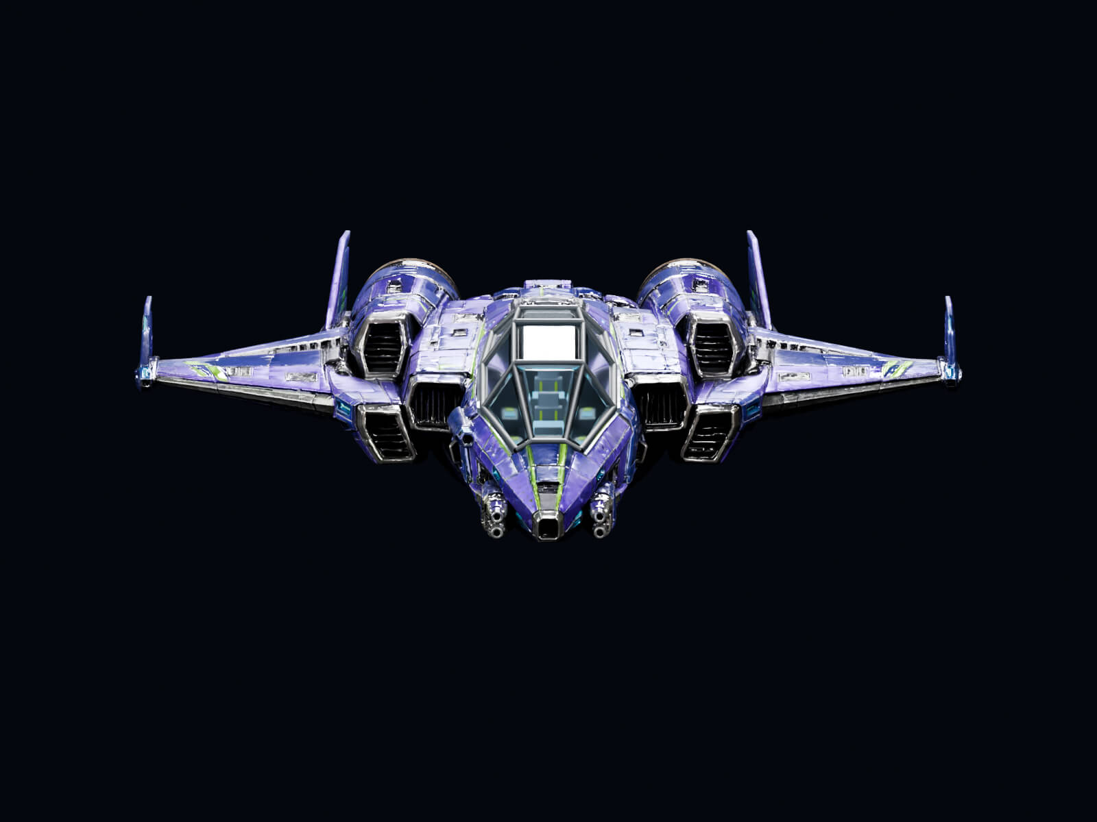 Violet Lantern Sci-Fi Starship with Cockpit & 3 LODs 3D Model