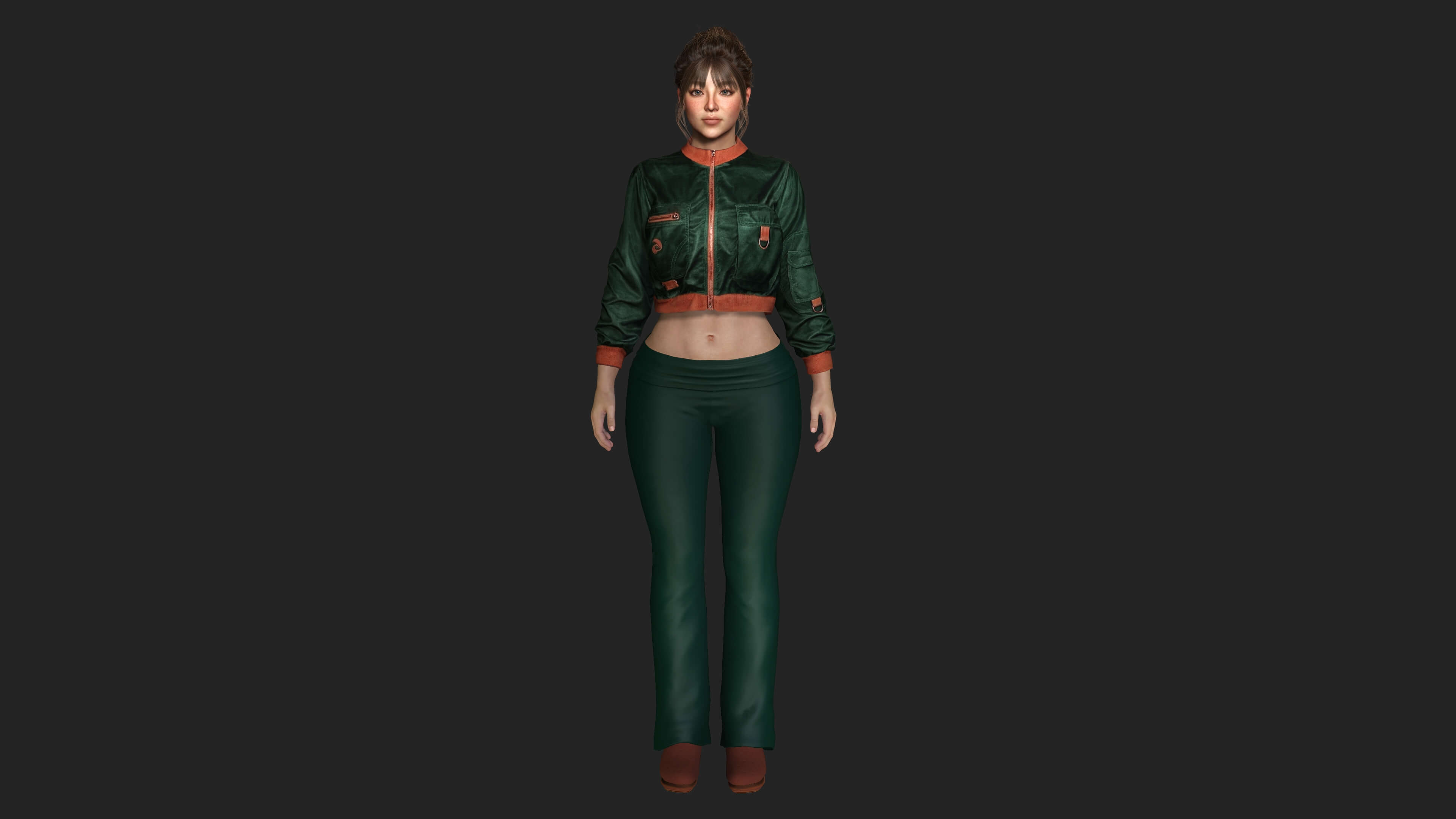 Realistic Game Character - Korean Girl Green Bomber Jacket 3D Model