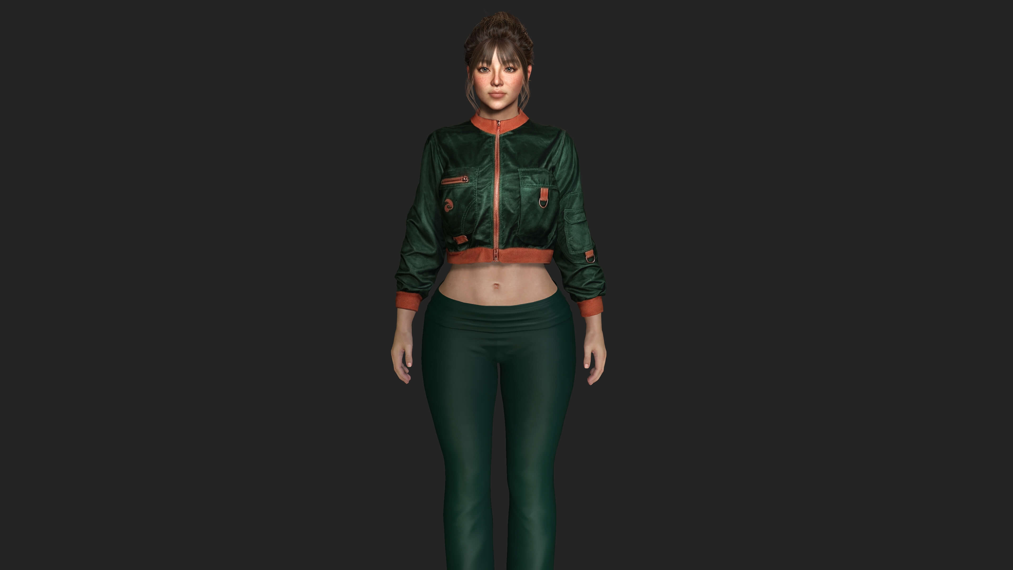 Realistic Game Character - Korean Girl Green Bomber Jacket 3D Model