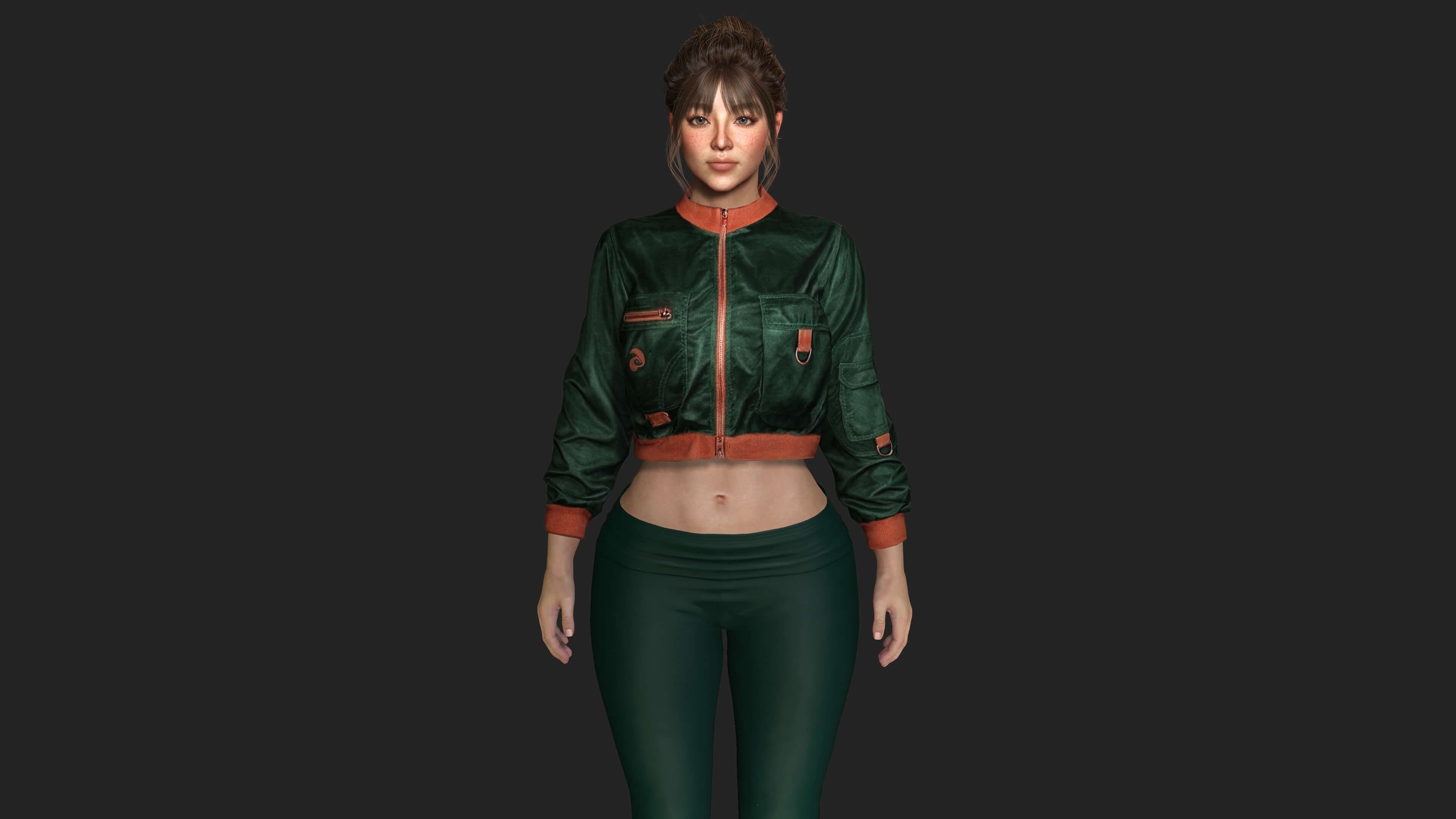 Realistic Game Character - Korean Girl Green Bomber Jacket 3D Model
