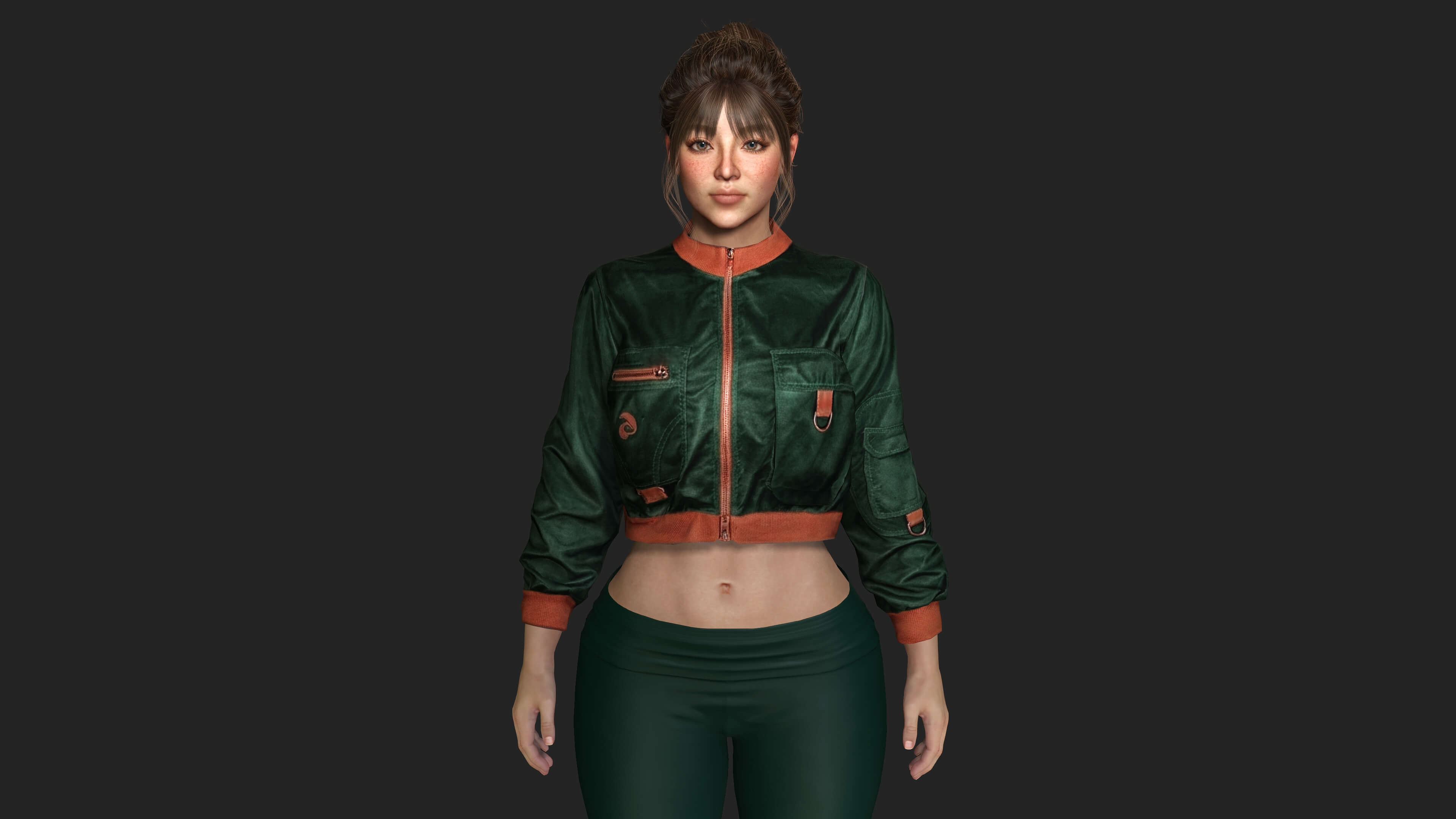 Realistic Game Character - Korean Girl Green Bomber Jacket 3D Model