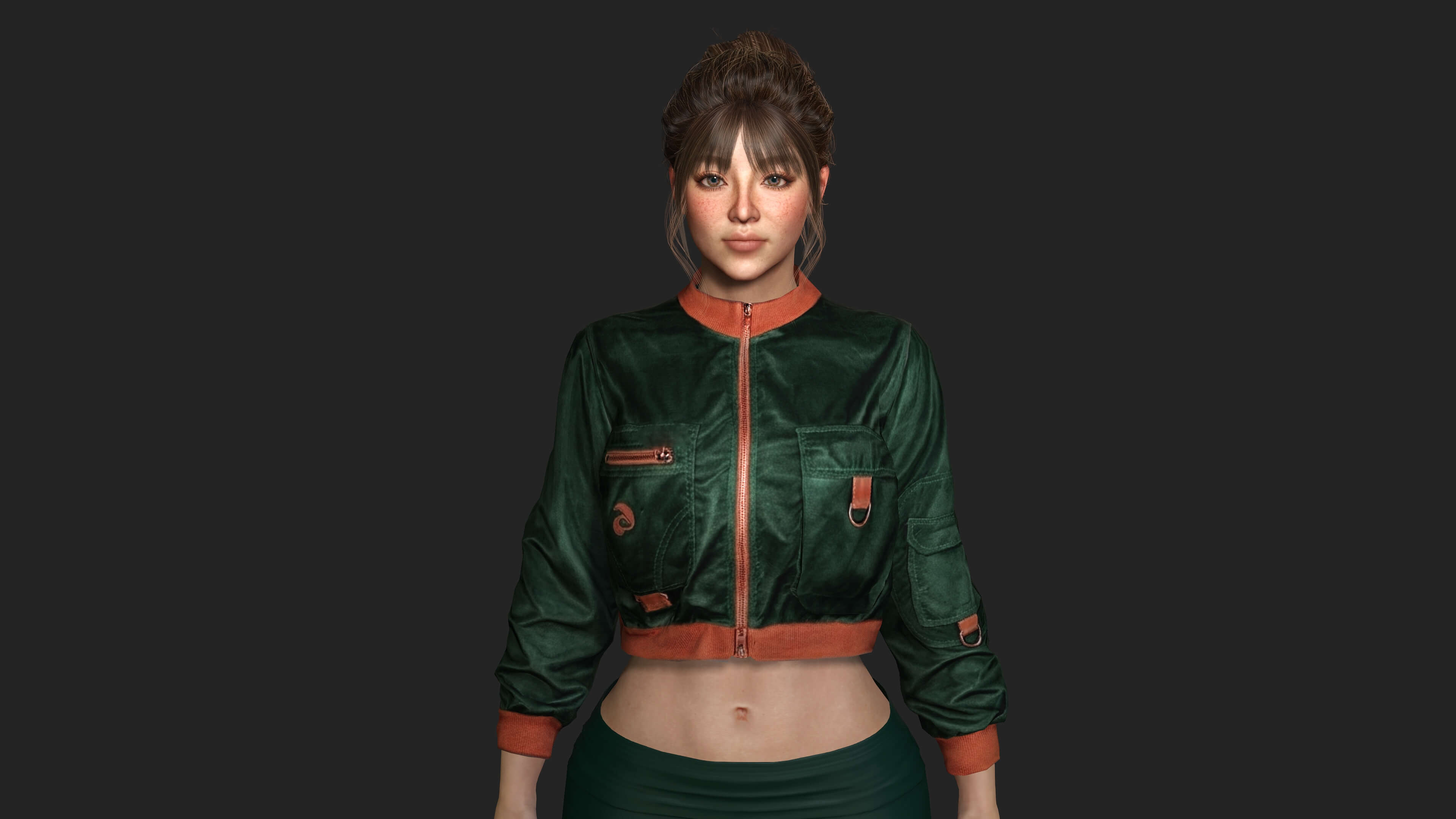 Realistic Game Character - Korean Girl Green Bomber Jacket 3D Model
