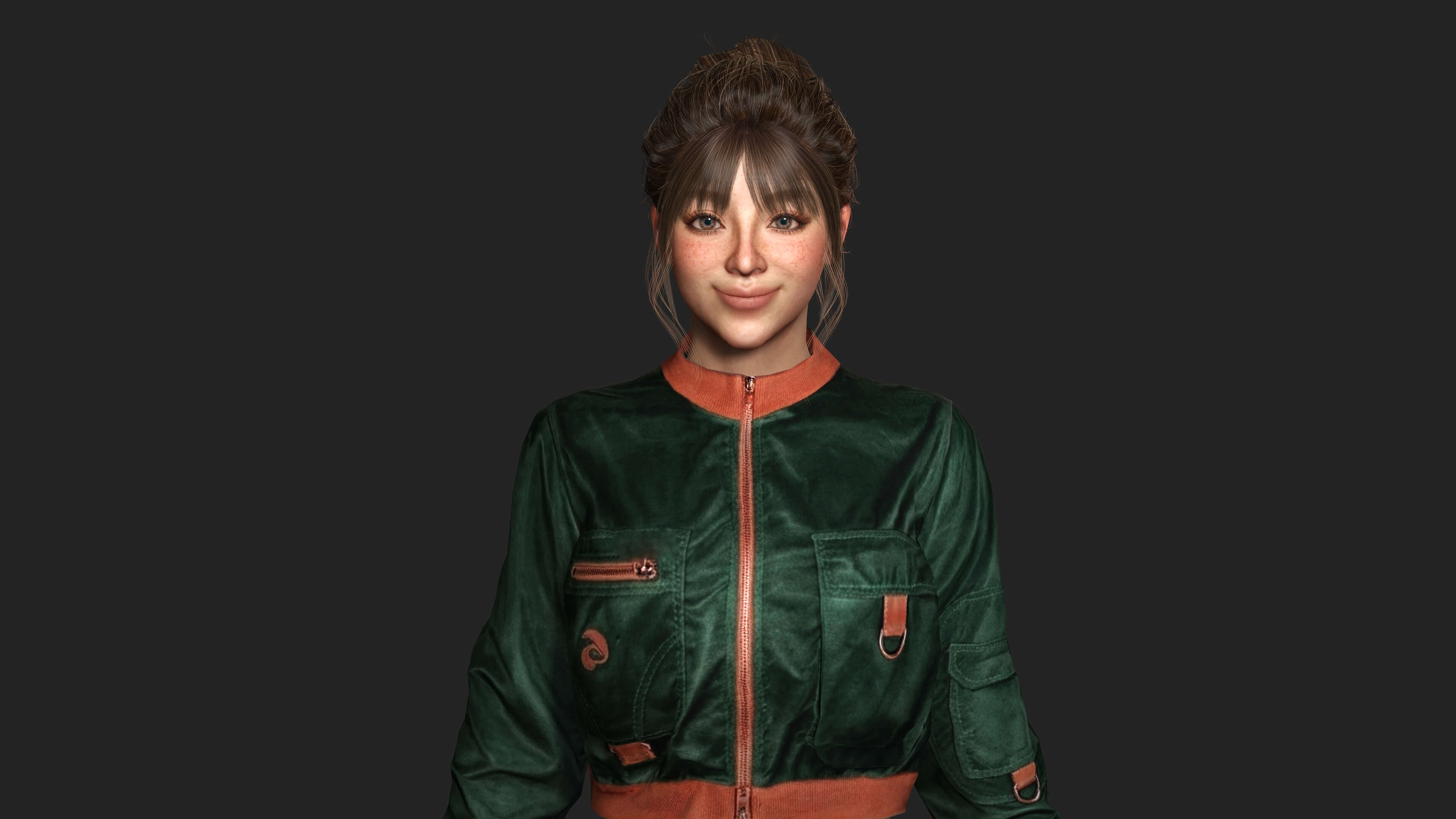 Realistic Game Character - Korean Girl Green Bomber Jacket 3D Model