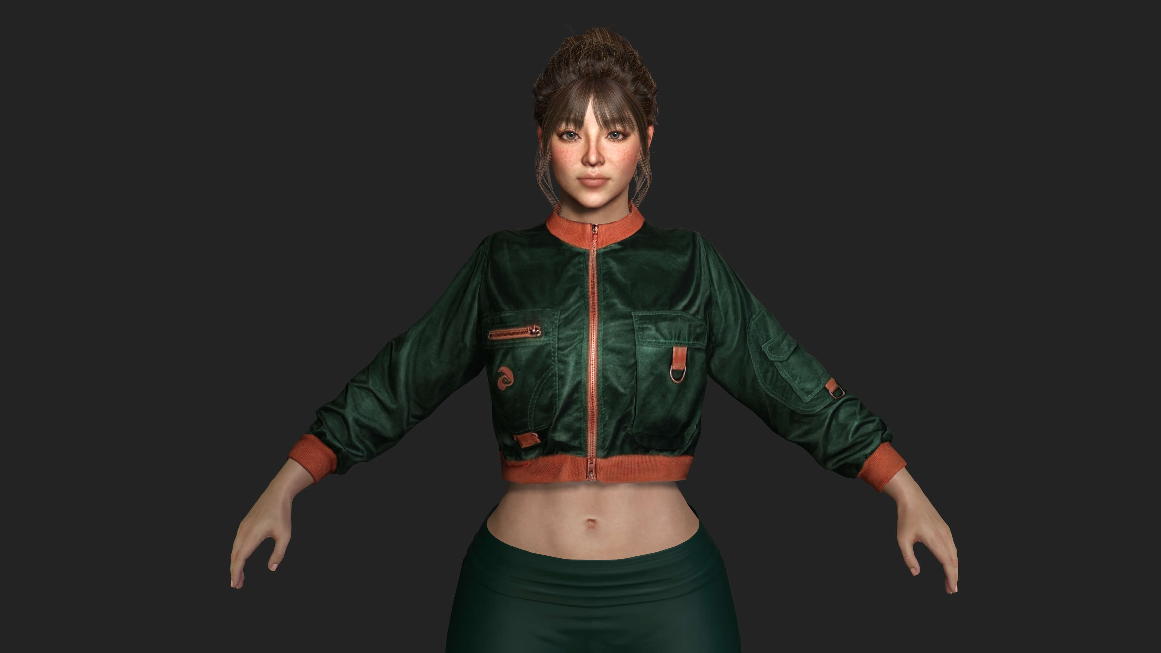 Realistic Game Character - Korean Girl Green Bomber Jacket 3D Model