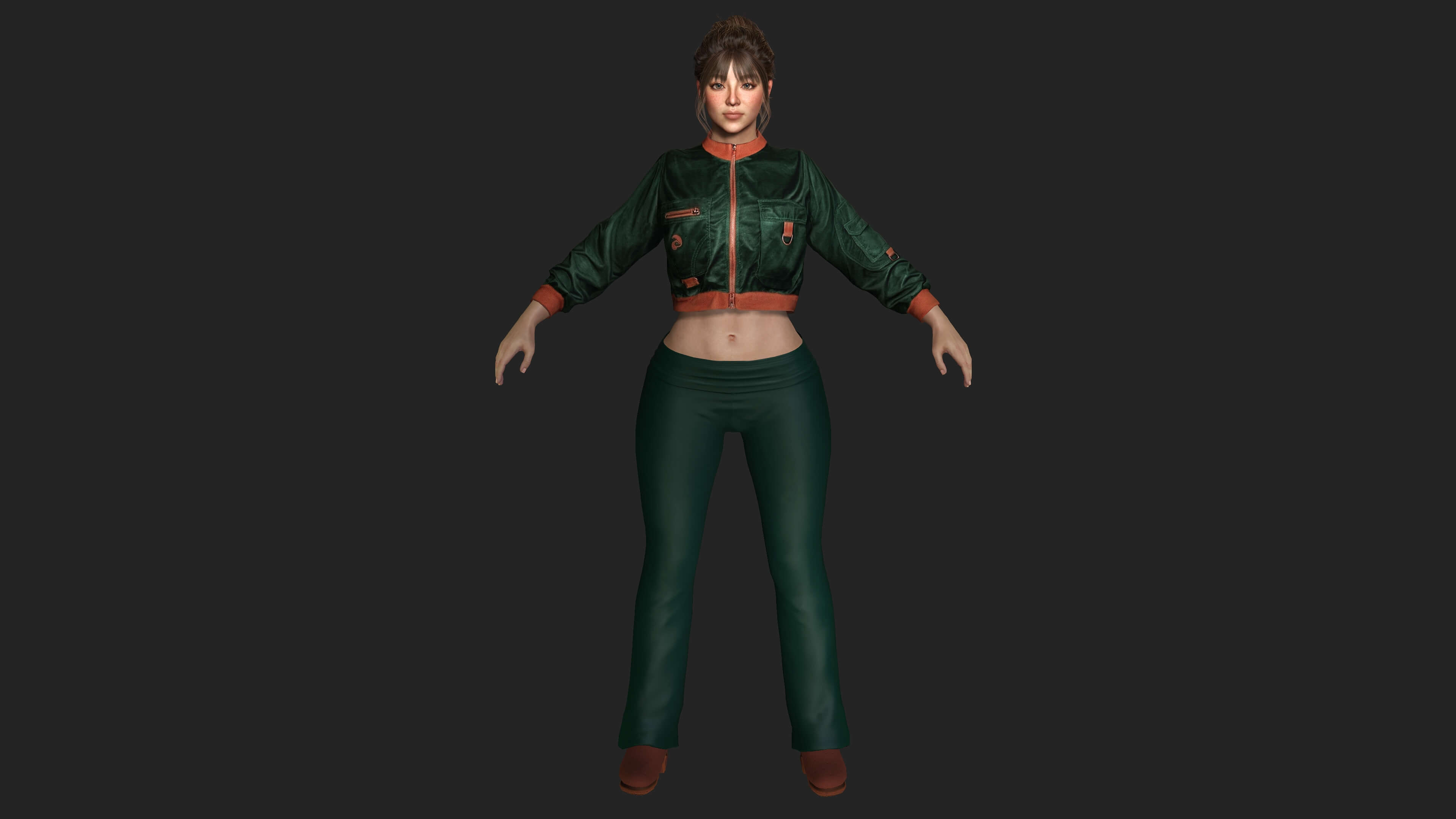 Realistic Game Character - Korean Girl Green Bomber Jacket 3D Model