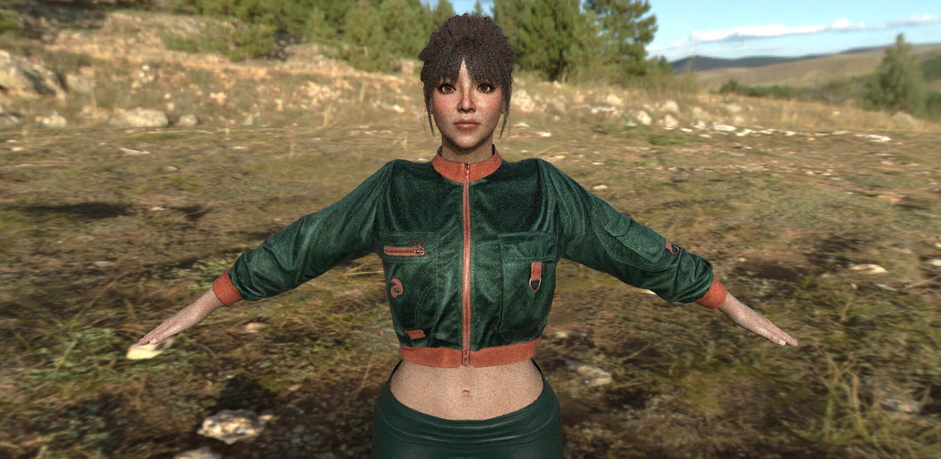 Realistic Game Character - Korean Girl Green Bomber Jacket 3D Model