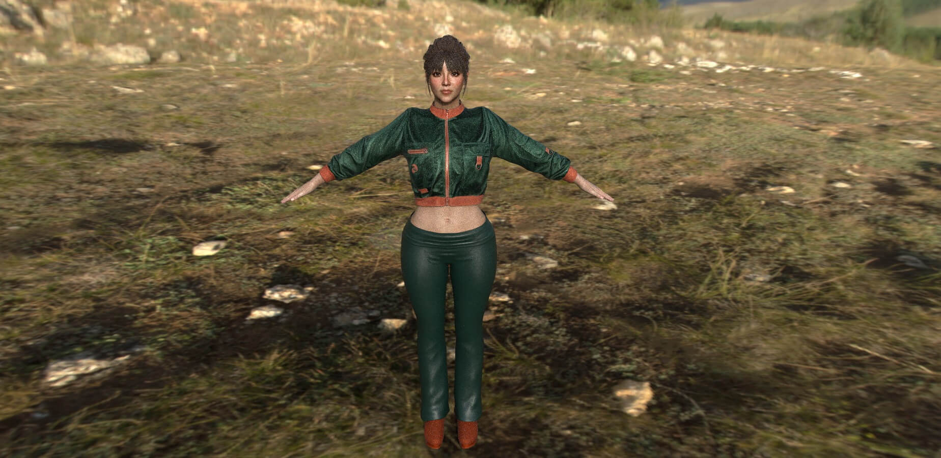 Realistic Game Character - Korean Girl Green Bomber Jacket 3D Model