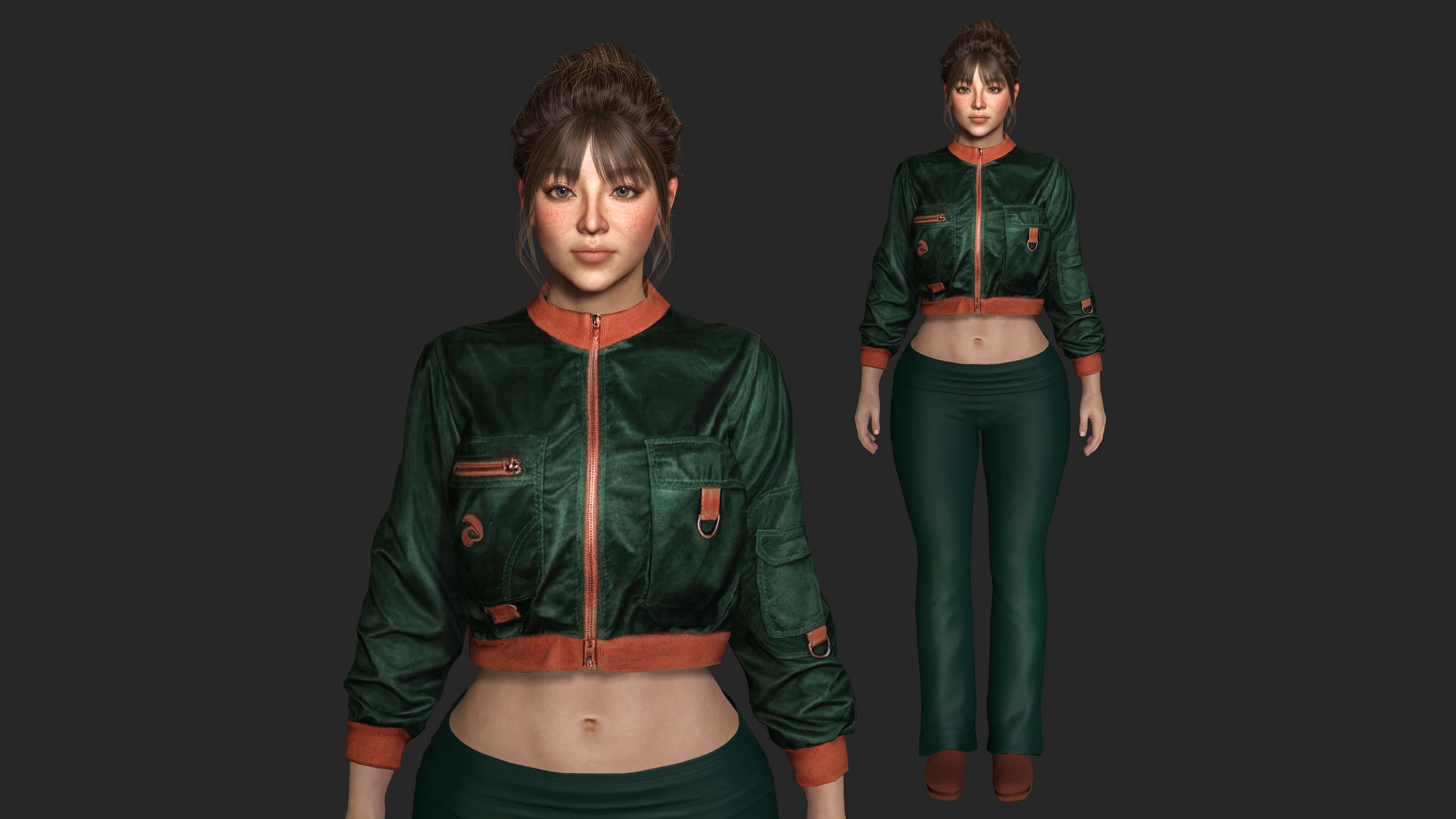 Realistic Game Character - Korean Girl Green Bomber Jacket 3D Model