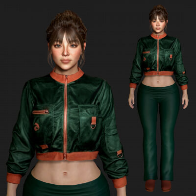 Realistic Game Character - Korean Girl Green Bomber Jacket