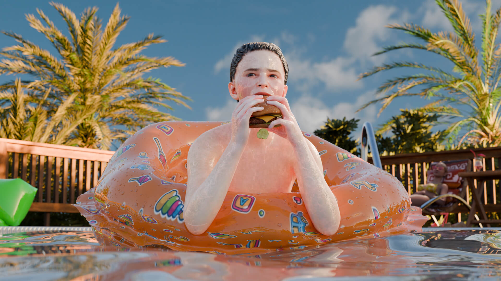 Burger in the Pool 3D Render, Digital Artwork by mon707mon