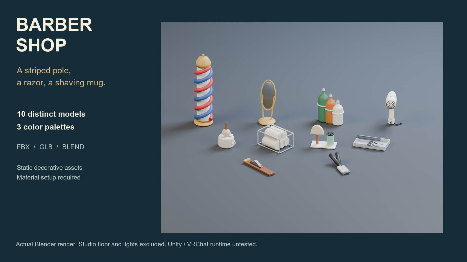 Barber Shop Props - 10 Low-Poly Models 3 Color Palettes 3D Model