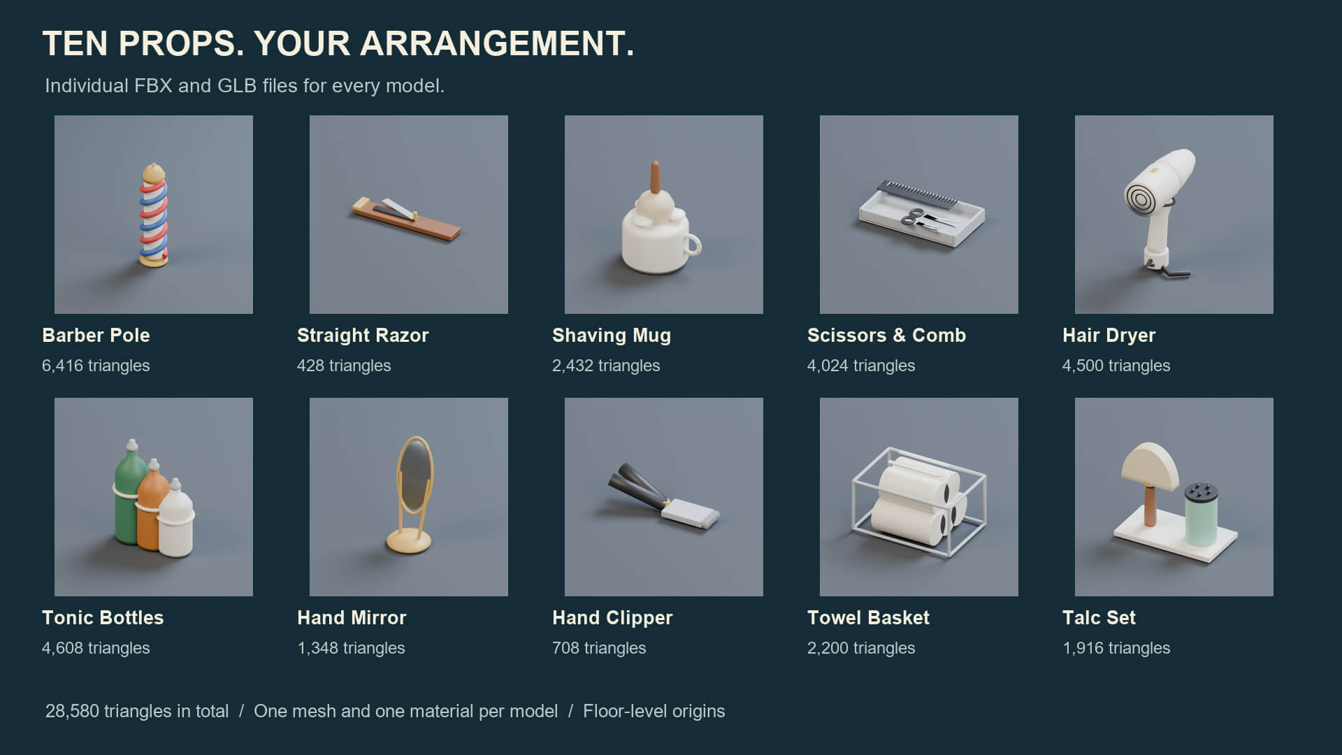 Barber Shop Props - 10 Low-Poly Models 3 Color Palettes 3D Model
