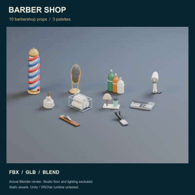 Barber Shop Props - 10 Low-Poly Models 3 Color Palettes 3D Model