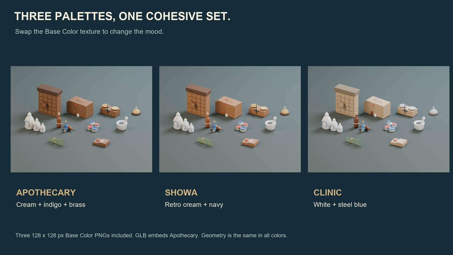 Old Pharmacy Props - 10 Low-Poly Models 3 Color Palettes 3D Model