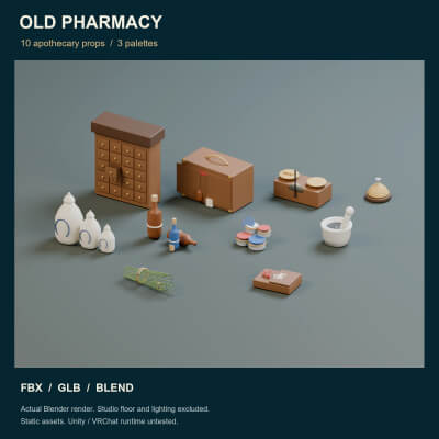 Old Pharmacy Props - 10 Low-Poly Models 3 Color Palettes 3D Model