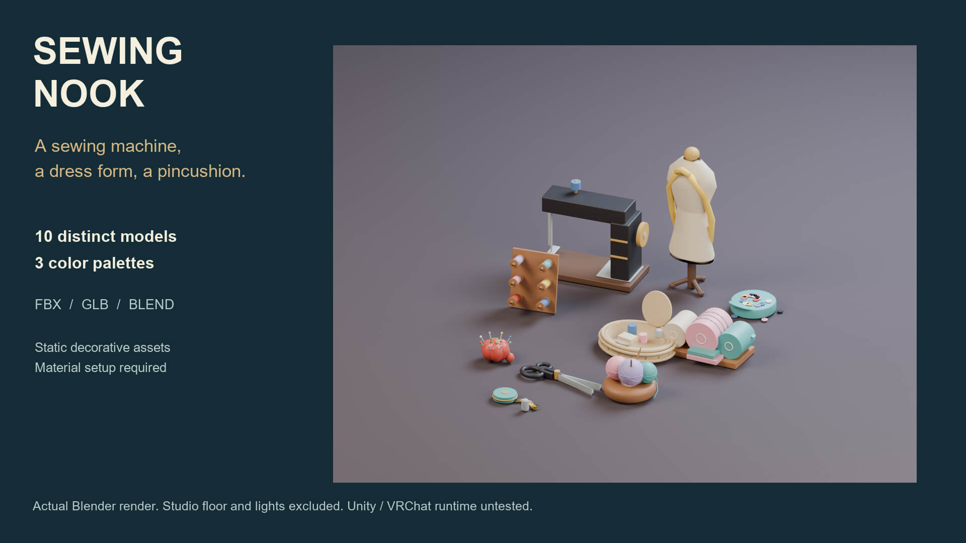 Sewing Nook Props - 10 Low-Poly Models 3 Color Palettes 3D Model