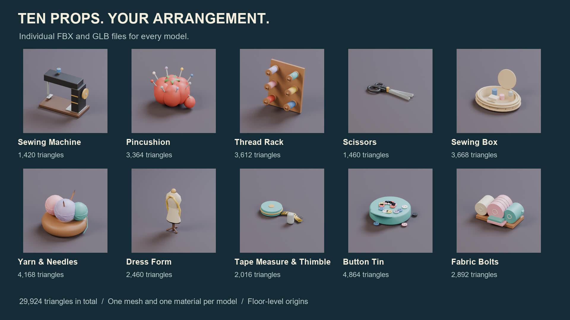 Sewing Nook Props - 10 Low-Poly Models 3 Color Palettes 3D Model