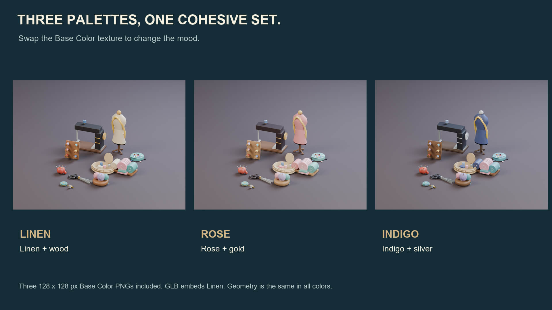 Sewing Nook Props - 10 Low-Poly Models 3 Color Palettes 3D Model