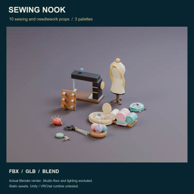 Sewing Nook Props - 10 Low-Poly Models 3 Color Palettes 3D Model