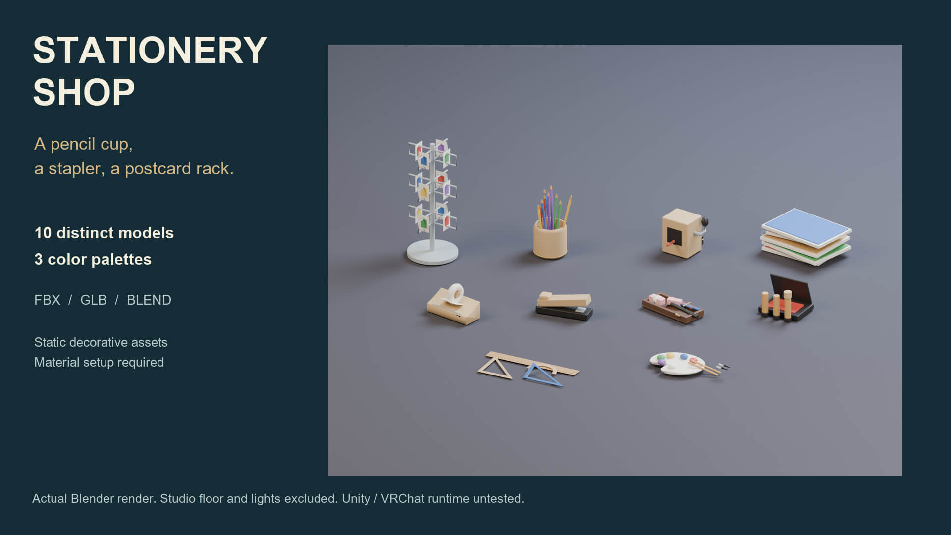 Stationery Shop Props - 10 Low-Poly Models 3 Color Palettes 3D Model