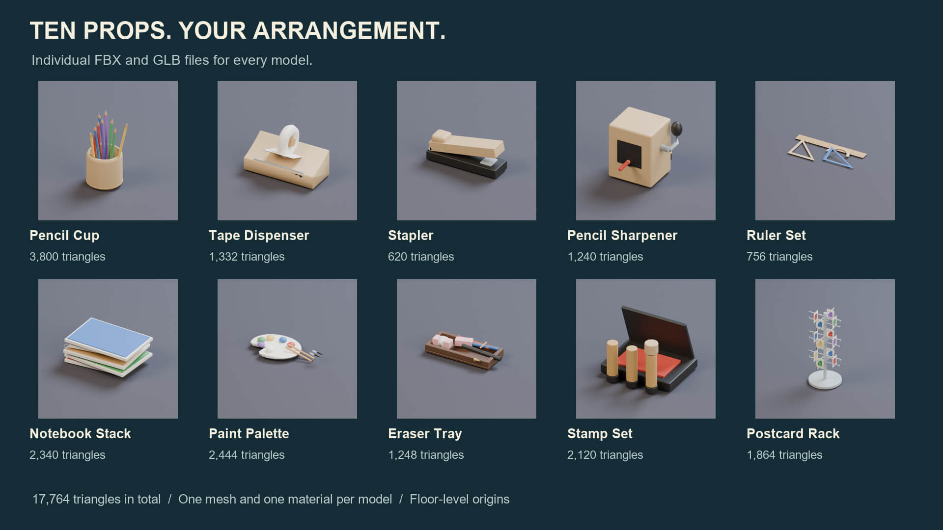 Stationery Shop Props - 10 Low-Poly Models 3 Color Palettes 3D Model