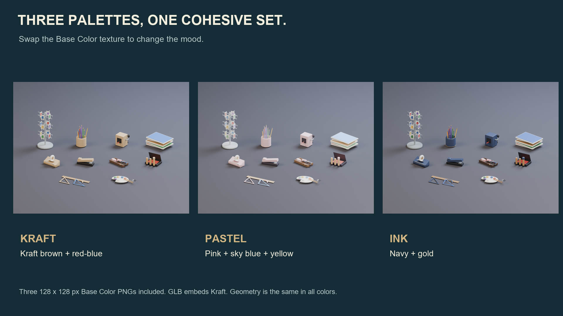 Stationery Shop Props - 10 Low-Poly Models 3 Color Palettes 3D Model