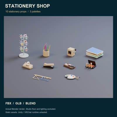 Stationery Shop Props - 10 Low-Poly Models 3 Color Palettes