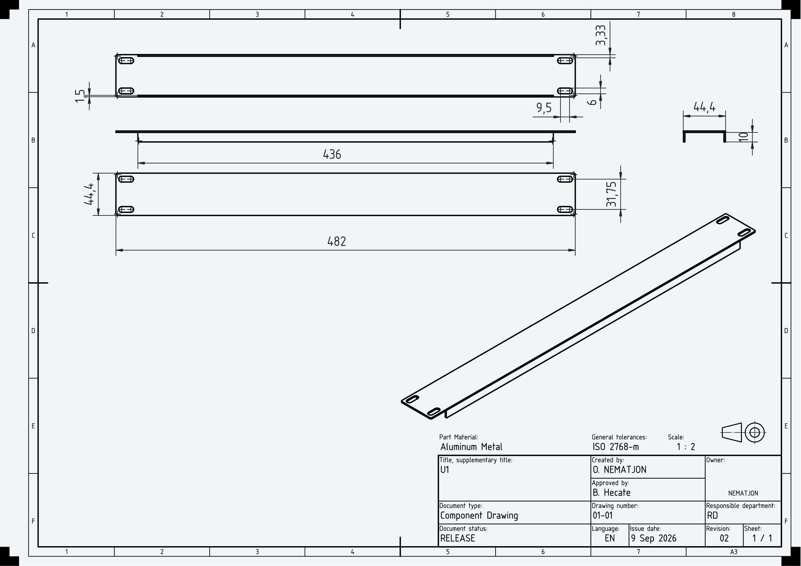 1U Blank Server Rack Panel 19 Inch CNC and 3D Print Ready 3D Model