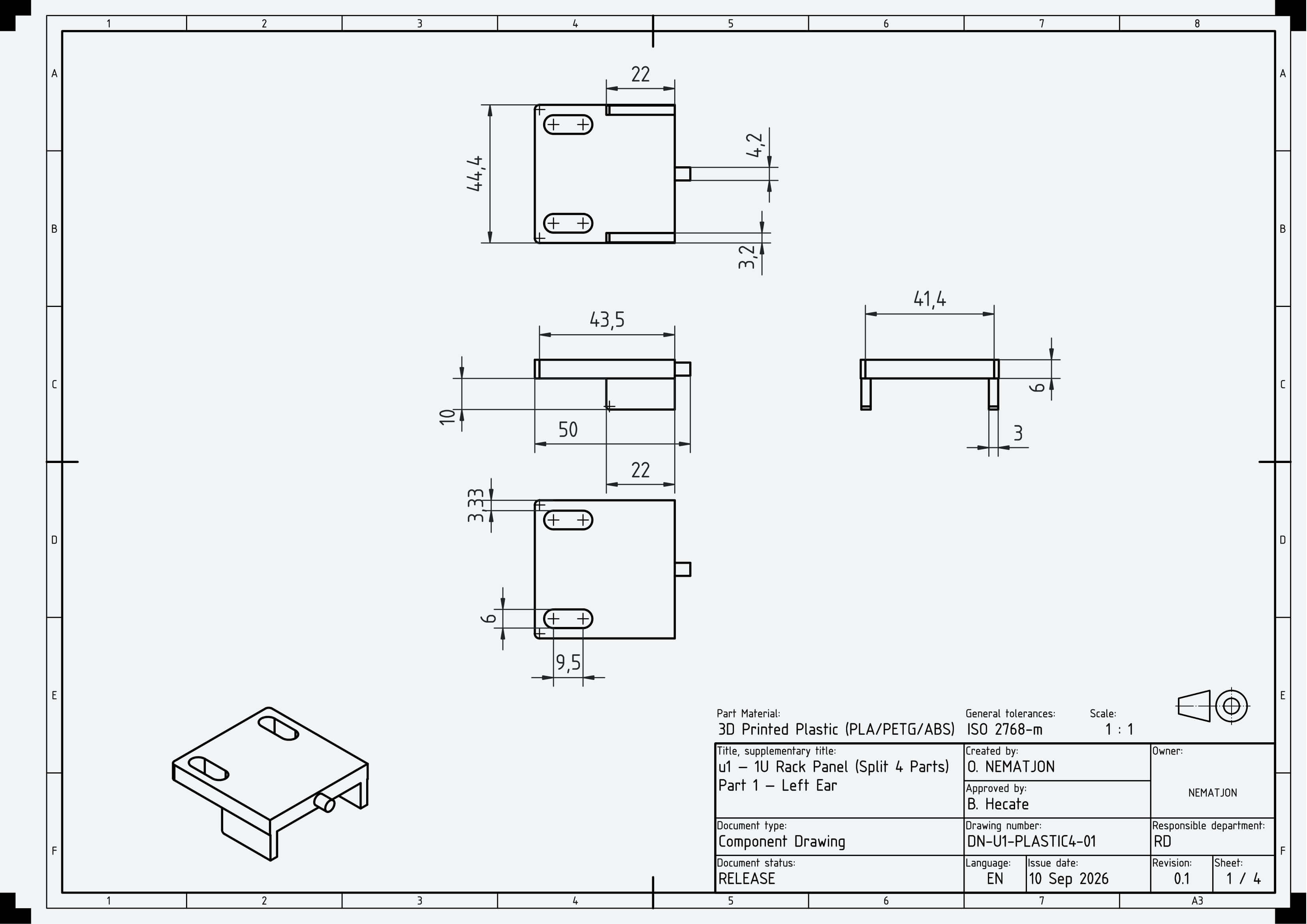 1U Blank Server Rack Panel 19 Inch CNC and 3D Print Ready 3D Model