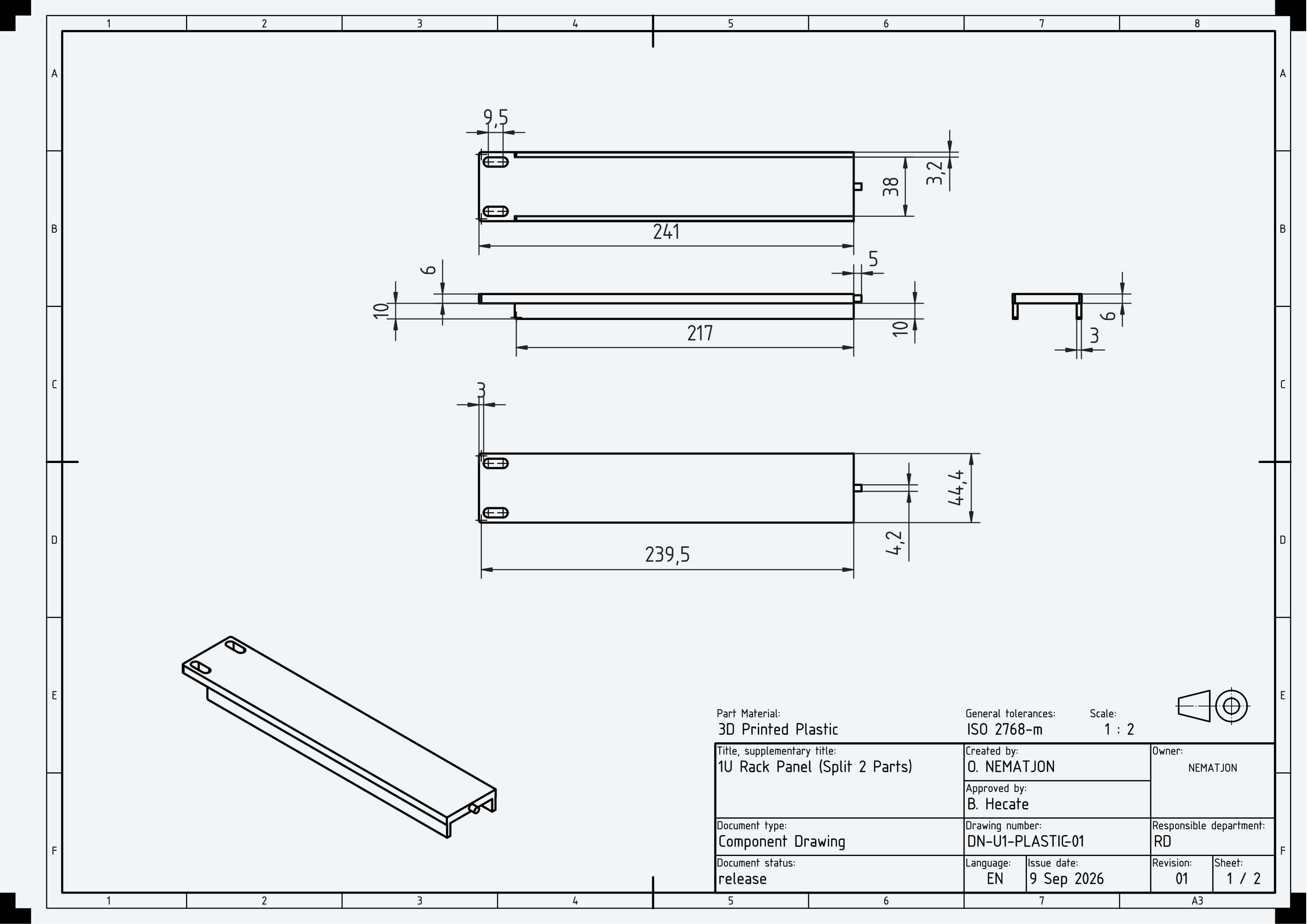 1U Blank Server Rack Panel 19 Inch CNC and 3D Print Ready 3D Model